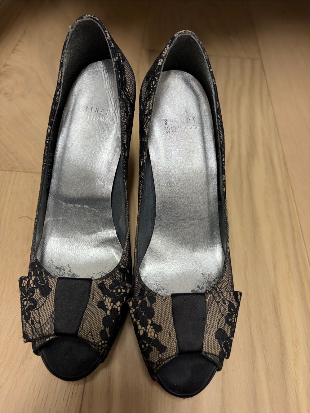 Stuart Weitzman Black Lace Over Nude Peep-Toe Heels